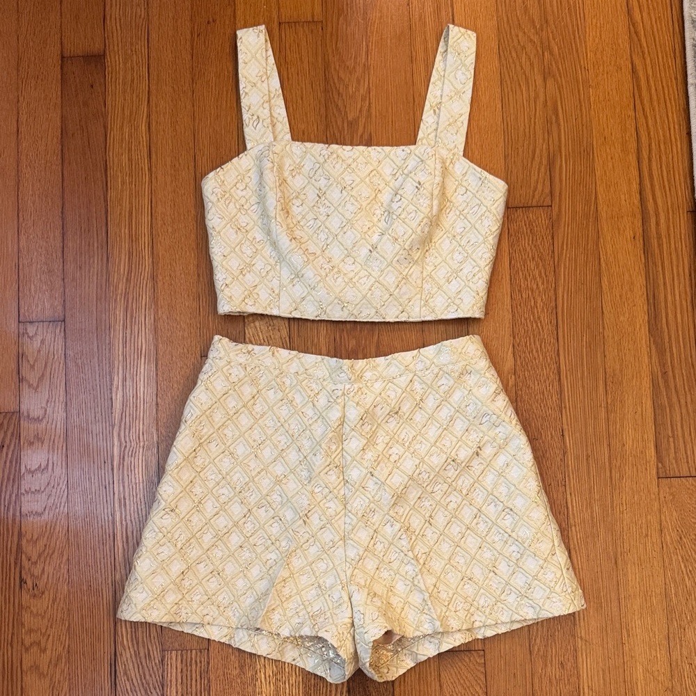 Lavender Brown Medium Cream & Gold Threading Accented Women's Top and Shorts Set